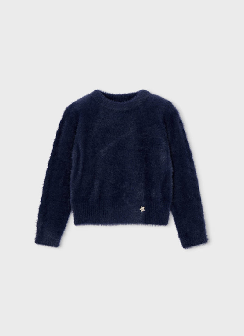 Mayoral Girls’ Fuzzy Knit Navy Sweater and Tweed Bow Shorts Set 4307
