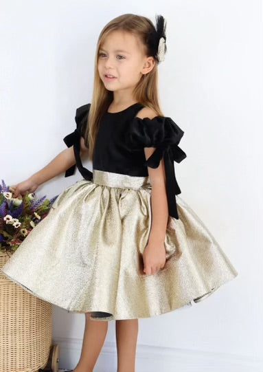 Girls Party Dress Lame Puff Shoulder 6 / Black/Gold Girls Party Dress Lame Puff Shoulder 6 / Black/Gold