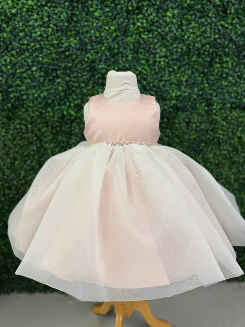 Nan & Jan Blush Satin and Organza Dress with Pearl and Rhinestone Belt
