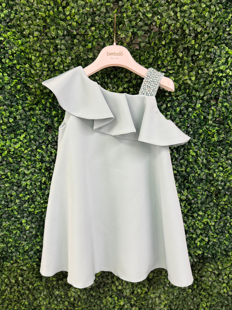 Bimbalo’ Girls' Blue Crepe Asymmetrical Dress with Rhinestone and Pearl Accento
