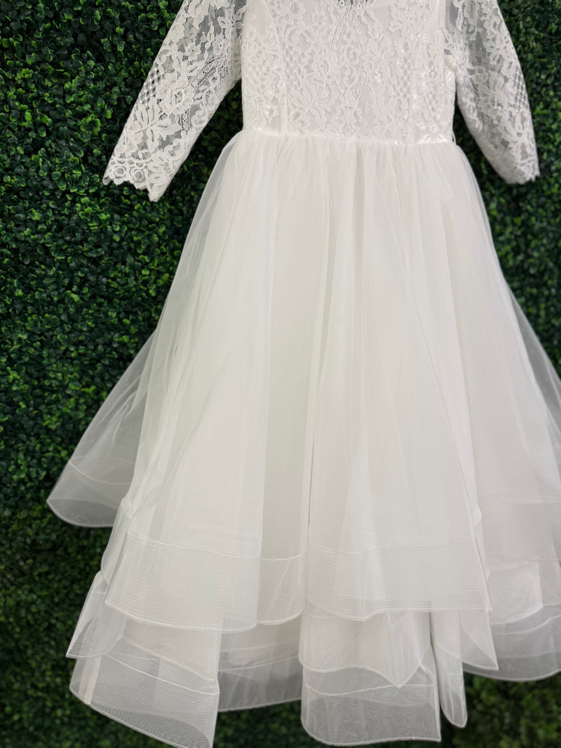 Teter Warm Elbow Sleeve Scallop Soft Lace Tiered Gown SK36