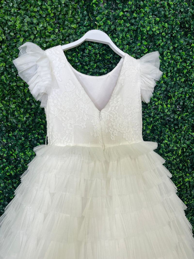 Teter Warm Ruffle Sleeve Tiered Ruffle Tulle Gown GS42 10 / White Teter Warm Ruffle Sleeve Tiered Ruffle Tulle Gown GS42 10 / White