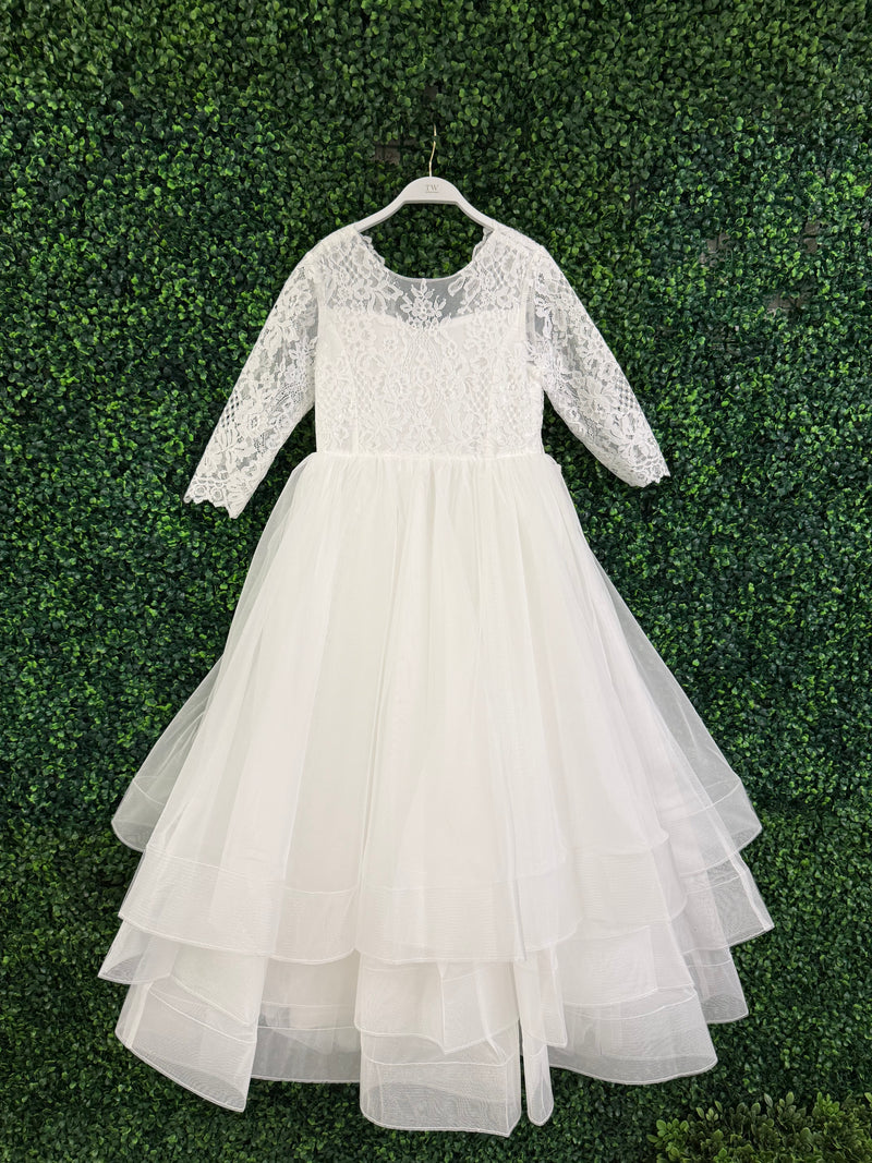 Teter Warm Elbow Sleeve Scallop Soft Lace Tiered Gown SK36