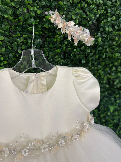 Nan & Jan Ivory Satin and Tulle Floral Dress 3812