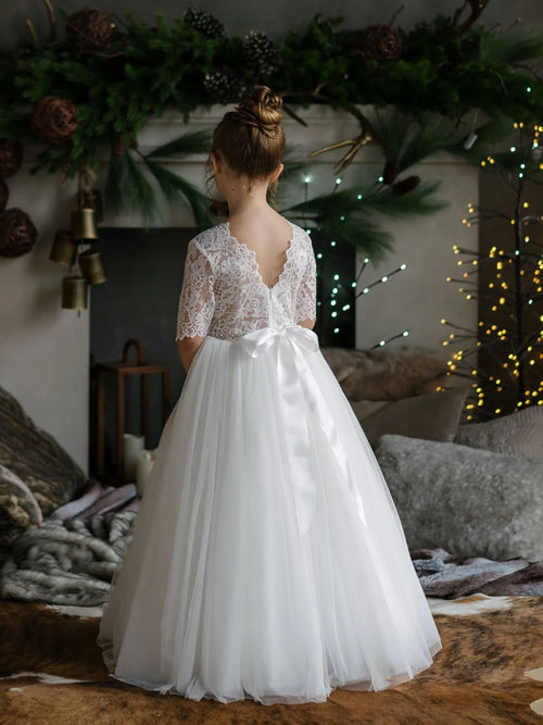 white communion dress Elegant Girls' First but the best part is that she can wear this timeless frock for an array of other events First Holy Communion Dress/vestido de