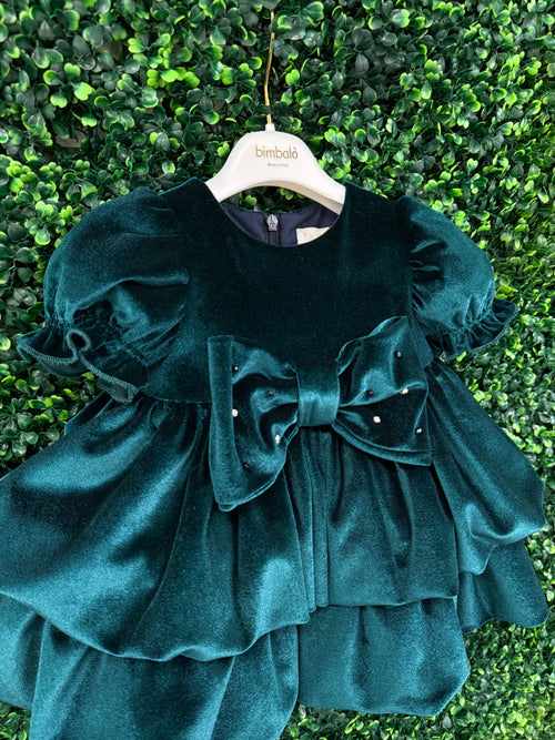 Bimbalo’ Girls' Emerald Velvet Crunch Sleeve Tier Bubble Dress with Bow