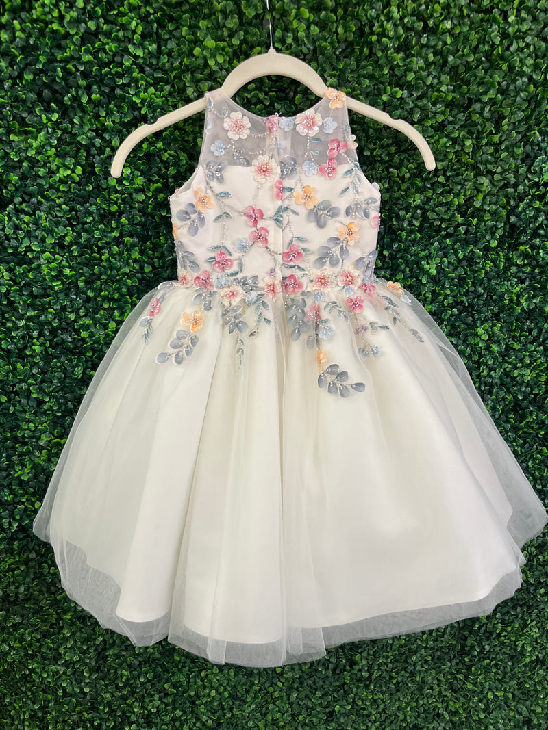 Joan Calabrese Ivory Multi Colored Flower Dress with Tulle Skirt 25322