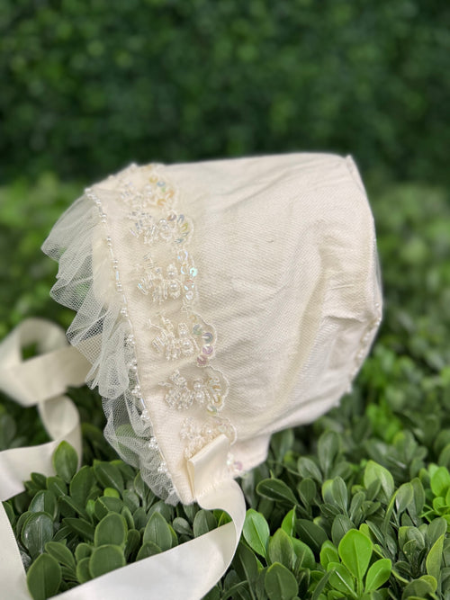 Piccolo Bacio Girls’ Beaded and Tulle Bonnet