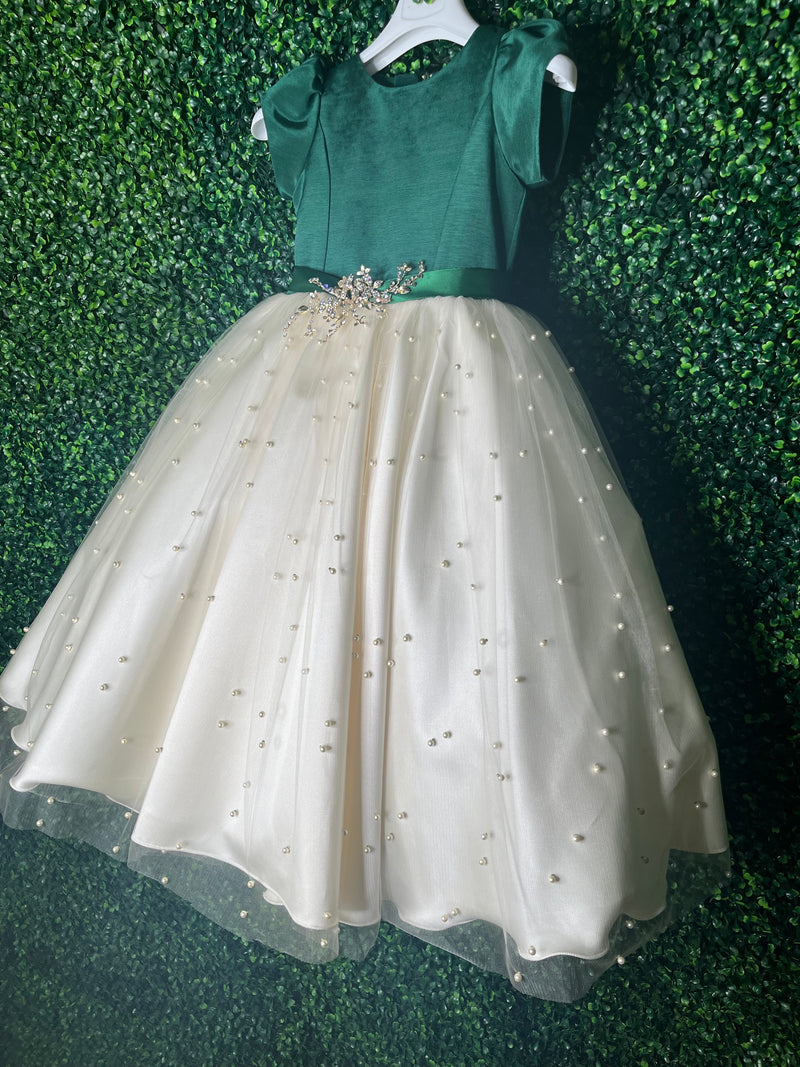 Sara’s Favorite! Girls’ Emerald / Ivory Pearl Embellished Party Dress 3804