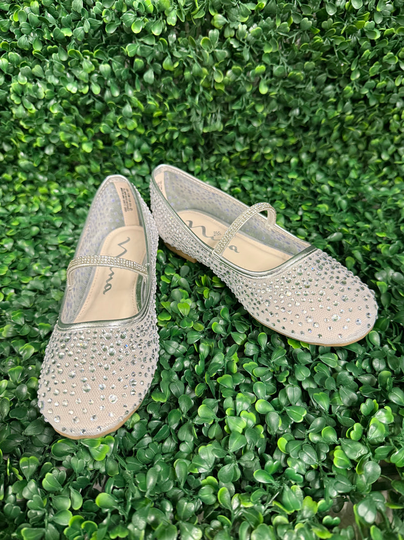 Nina Girls’ Silver Mesh Flats with Rhinestone Detail
