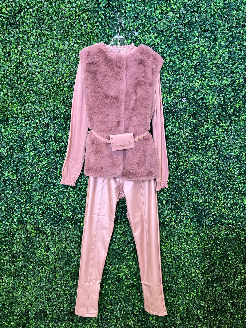 Girls’ Casual Vegan Metallic Leather and Faux Fur Set