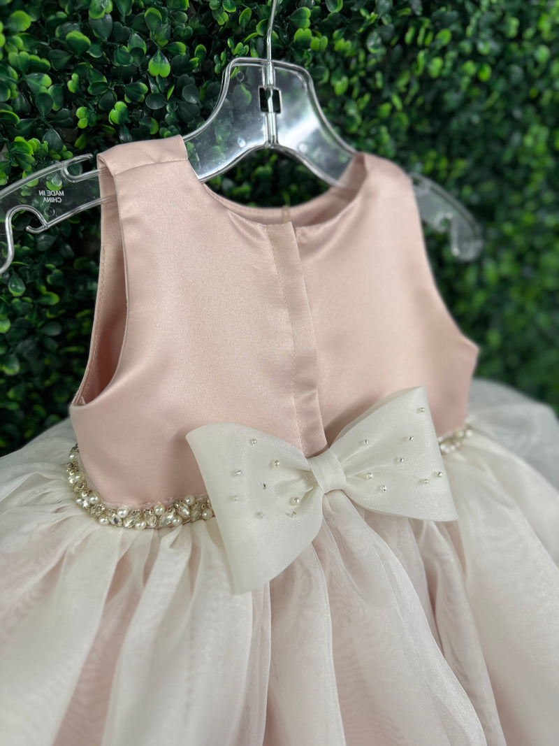 Nan & Jan Blush Satin and Organza Dress with Pearl and Rhinestone Belt