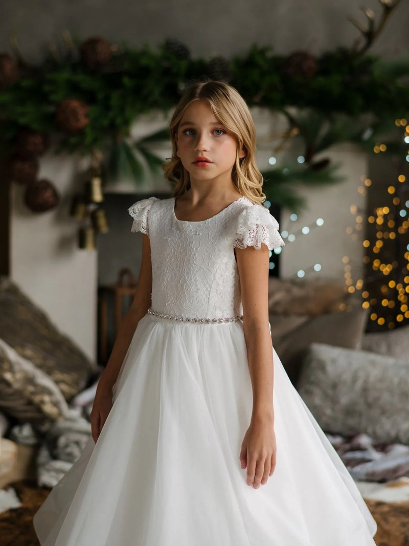 Teter Warm Lace Cap Flutter Sleeve Tiered Gown SK45