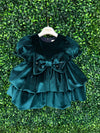 Bimbalo’ Girls' Emerald Velvet Crunch Sleeve Tier Bubble Dress with Bow