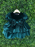Bimbalo’ Girls' Emerald Velvet Crunch Sleeve Tier Bubble Dress with Bow