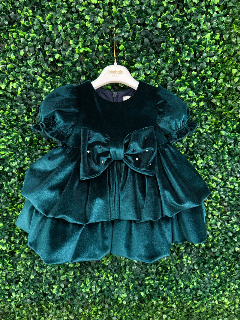 Bimbalo’ Girls' Emerald Velvet Crunch Sleeve Tier Bubble Dress with Bow