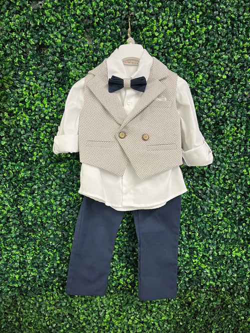 Dolce Bambini Boys' 6 Piece Navy and Taupe Suit Hat Set