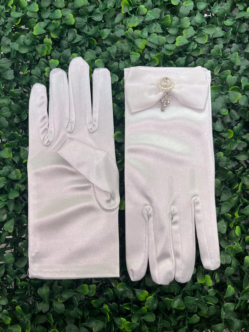 Bella Bow Girl’s White Satin Bow Gloves