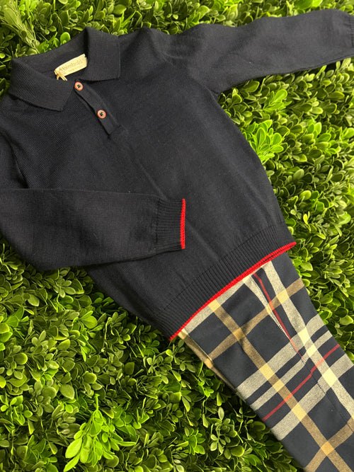 Bimbalo' Boys Navy Long Sleeve Polo and Plaid Set