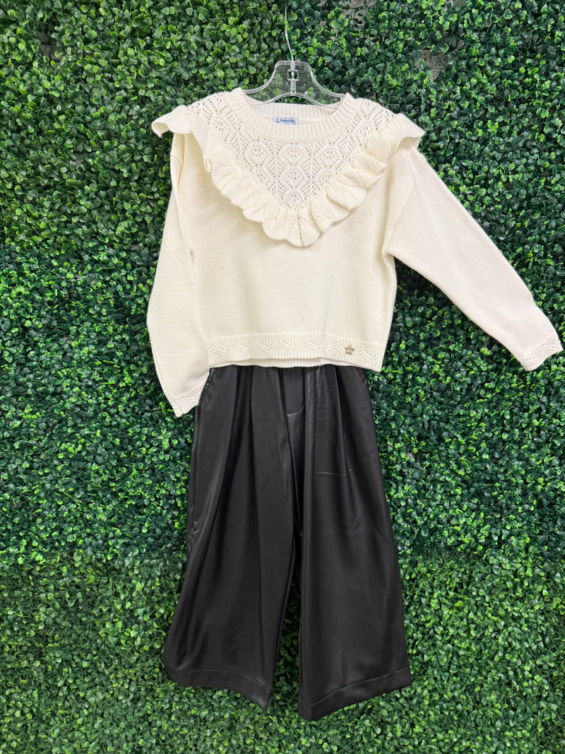 Mayoral Girls’ Knit Sweater and Faux Leather Wide Leg Pants Set 4304