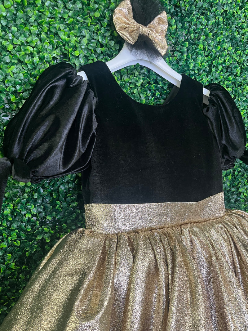 Girls Party Dress Lame Puff Shoulder 6 / Black/Gold Girls Party Dress Lame Puff Shoulder 6 / Black/Gold