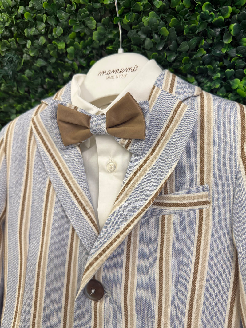 Italian Bimbalo Blue and Brown Striped 5 Piece Linen Suit