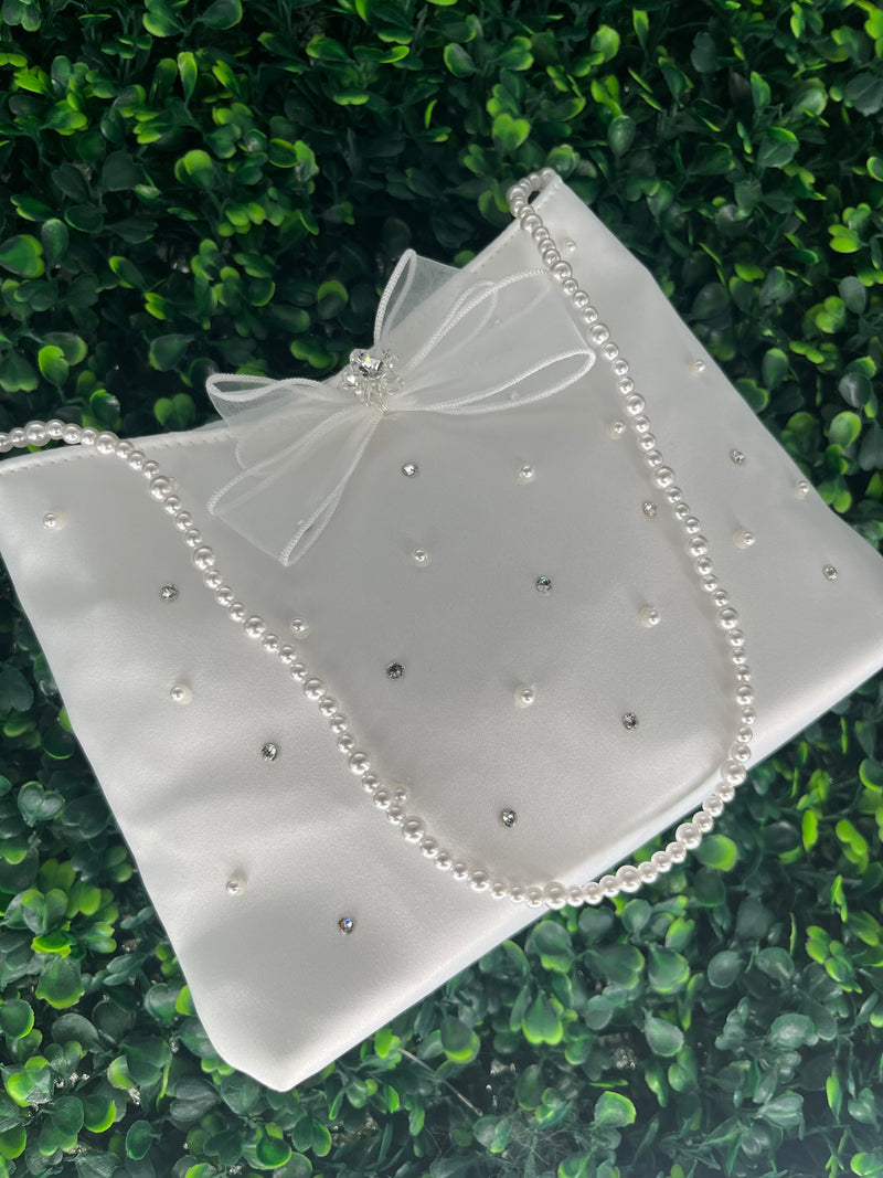 Nan & Jan Pearl and Rhinestone Communion Purse with Organza Bow - 223B