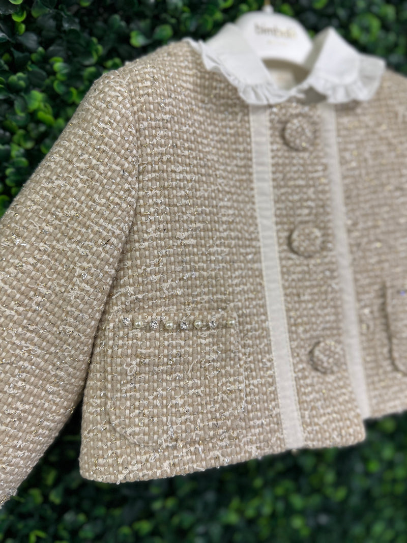 Bimbalò Girls' Gold Tweed Lady Jacket and Skirt 3 Piece Set