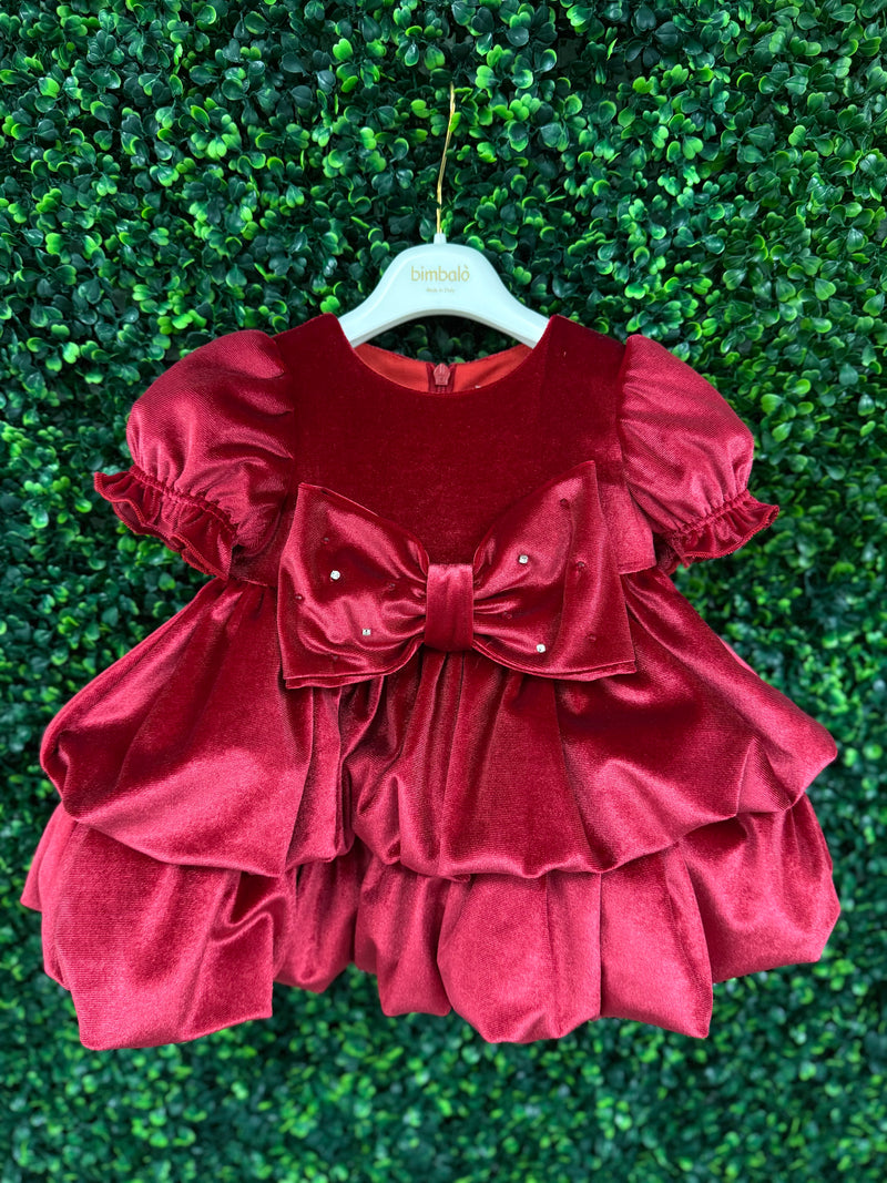 Bimbalo’ Girls' Red Velvet Crunch Sleeve Tier Bubble Dress with Bow