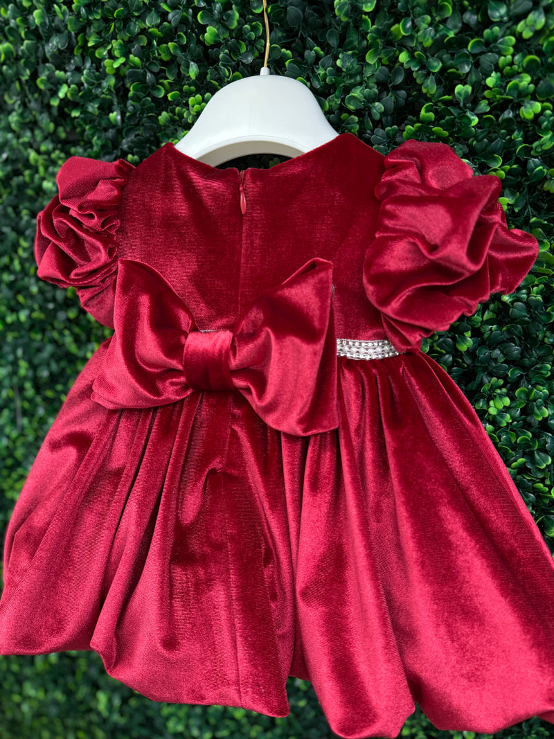 Bimbalo’ Girls' Red Velvet Dress with Rhinestone and Pearl Accent
