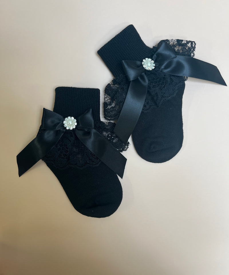 Simply Charming Girls’ Black Ruffle Sock With Rhinestone Accent