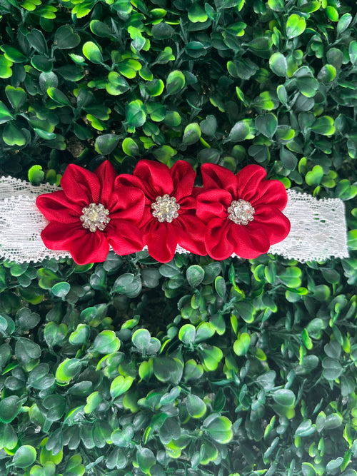 Girls’ Red Floral Organza Rhinestone Headband