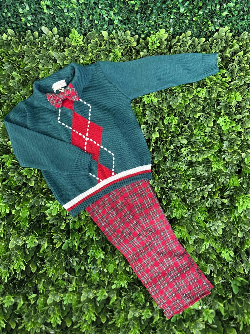 Bimbalo' Green Argyle Sweater and Tartan Plaid Pants Three Piece Set