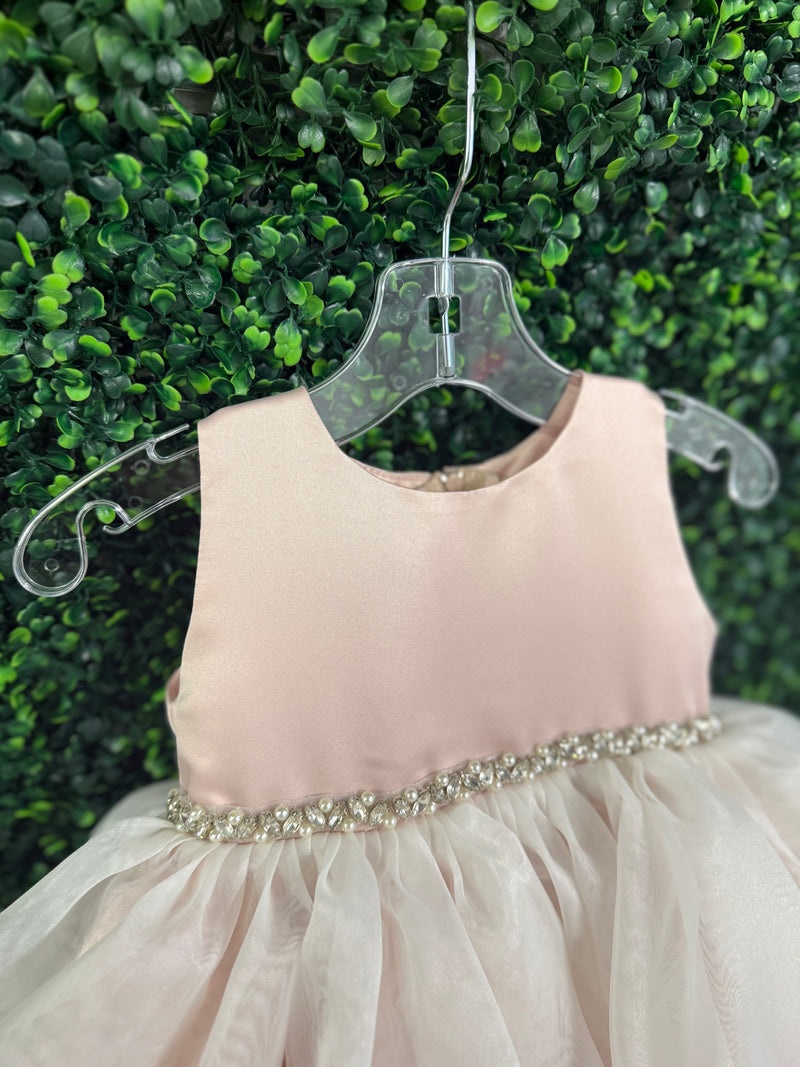 Bella Bow Blush Satin and Organza Dress with Pearl and Rhinestone Belt 3 Toddler / Blush Bella Bow Blush Satin and Organza Dress with Pearl and Rhinestone Belt 3 Toddler / Blush