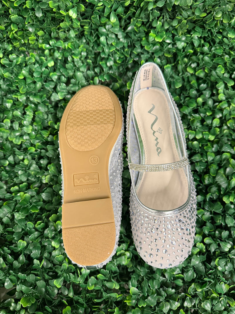 Nina Girls’ Silver Mesh Flats with Rhinestone Detail