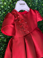 Bimbaló Red Taffeta Beaded Box Pleat Dress