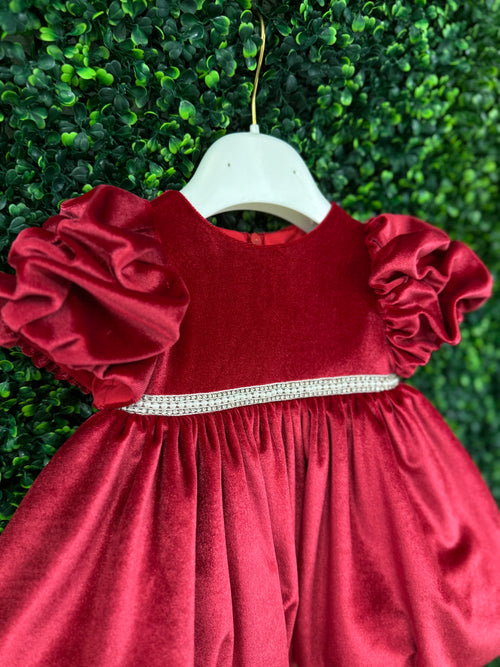 Bimbalo’ Girls' Red Velvet Dress with Rhinestone and Pearl Accent