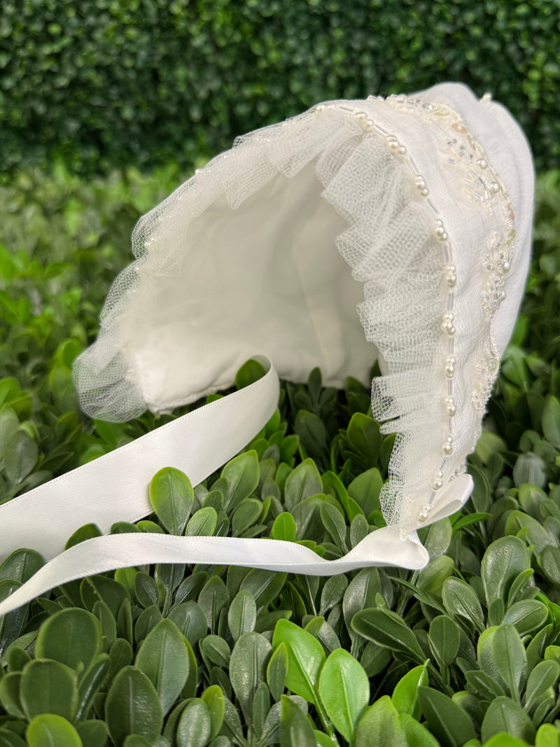 Piccolo Bacio Girls’ Beaded and Tulle Bonnet