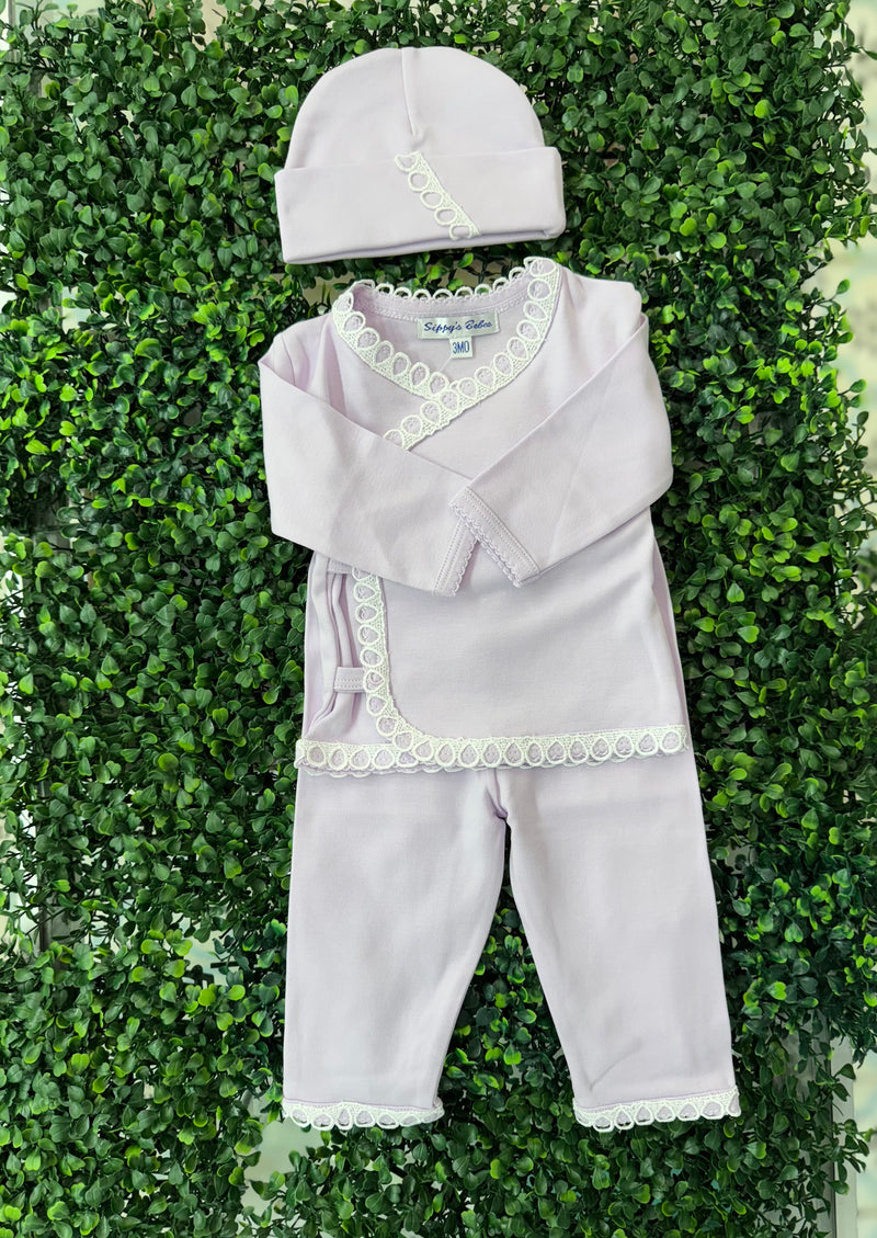 Sippy Baby Girls' Pima Cotton Lilac 3pc Crochet Lace Set