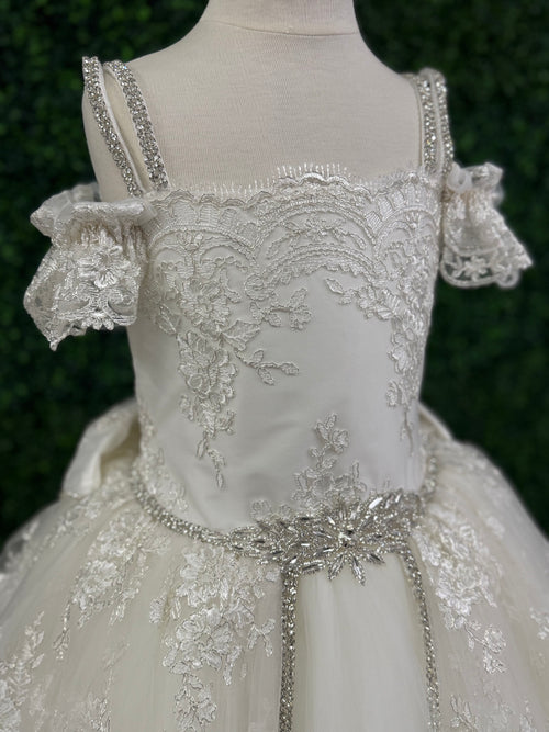 Piccolo Bacio Lace and Silk Split Front Couture Gown Evana