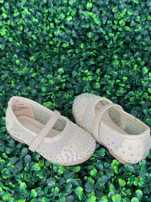 Girls’ Rose Gold Mesh Flats with Rhinestone Detailing