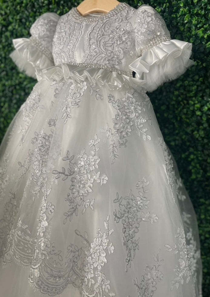 white baptism dress for women Piccolo Bacio Couture Girls' Baptism Gown Sabrina White – Sara's Children's Boutique