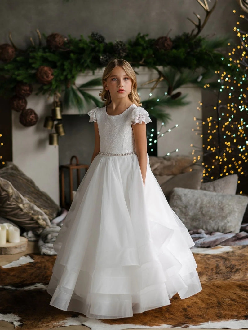 Teter Warm Lace Cap Flutter Sleeve Tiered Gown SK45