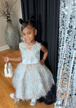 Tha Designs Girls’ Silver Feathered Party Dress