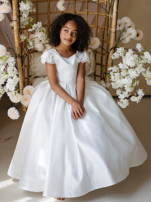 Teter Warm Satin Box Pleat Gown With Pearl Back Back SK10