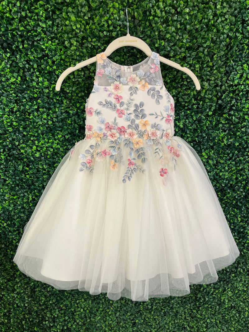 Joan Calabrese Ivory Multi Colored Flower Dress with Tulle Skirt 25322