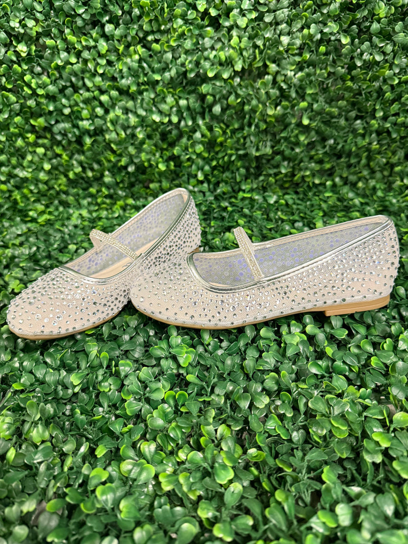 Nina Girls’ Silver Mesh Flats with Rhinestone Detail