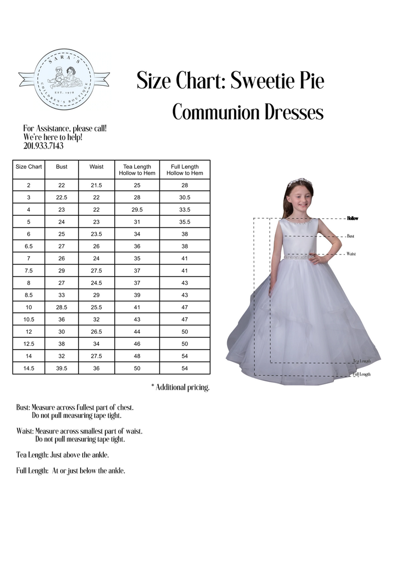 Rosabella Ankle Length Lace and Tulle Communion Gown with Rhinestone Belt RB624 Size Chart