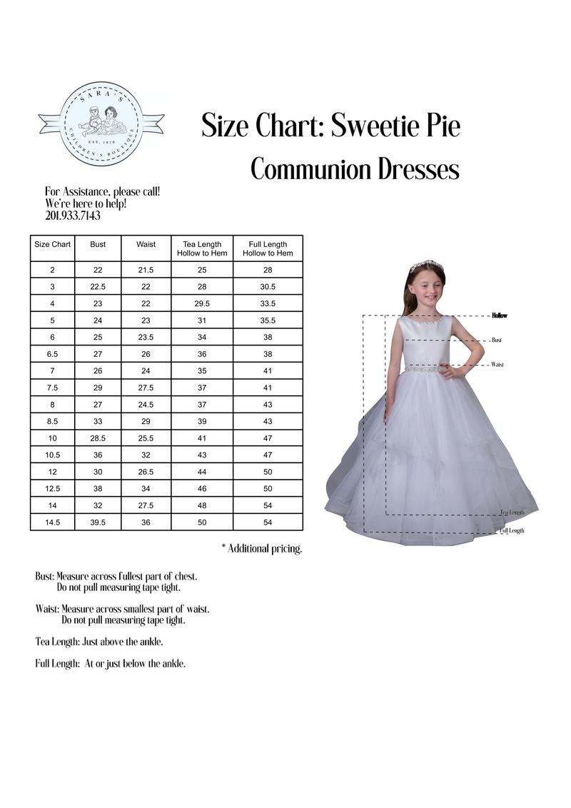 Sweetie Pie Communion Lace Aline Dress with Short Illusion Sleeve - 4088 Size Chart