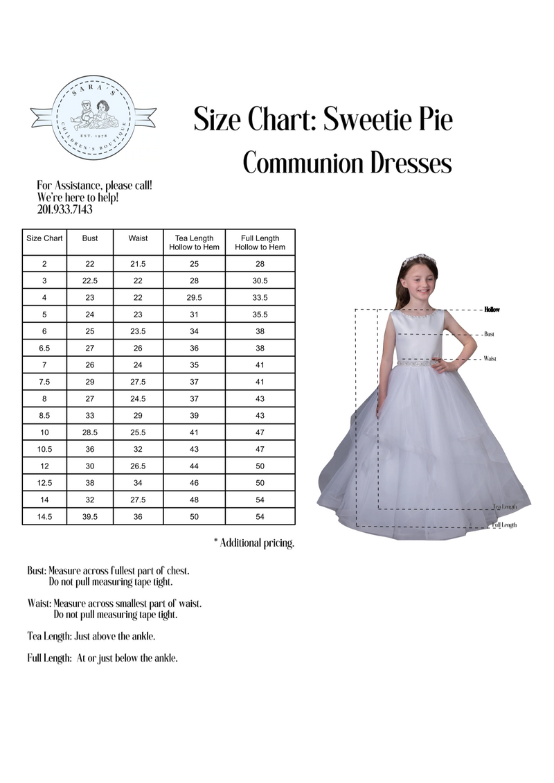 Rosabella Lace Tea Length Gown with Embroidery Details and Short Sleeve-RB643 Size Chart